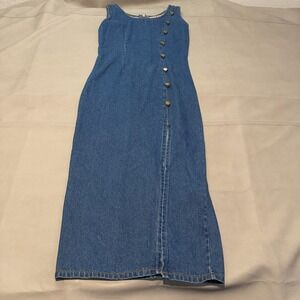 VTG 90s Y2K Denim Maxi Dress Blue Jean Western Rodeo Grunge Side Slit-7/8-7086